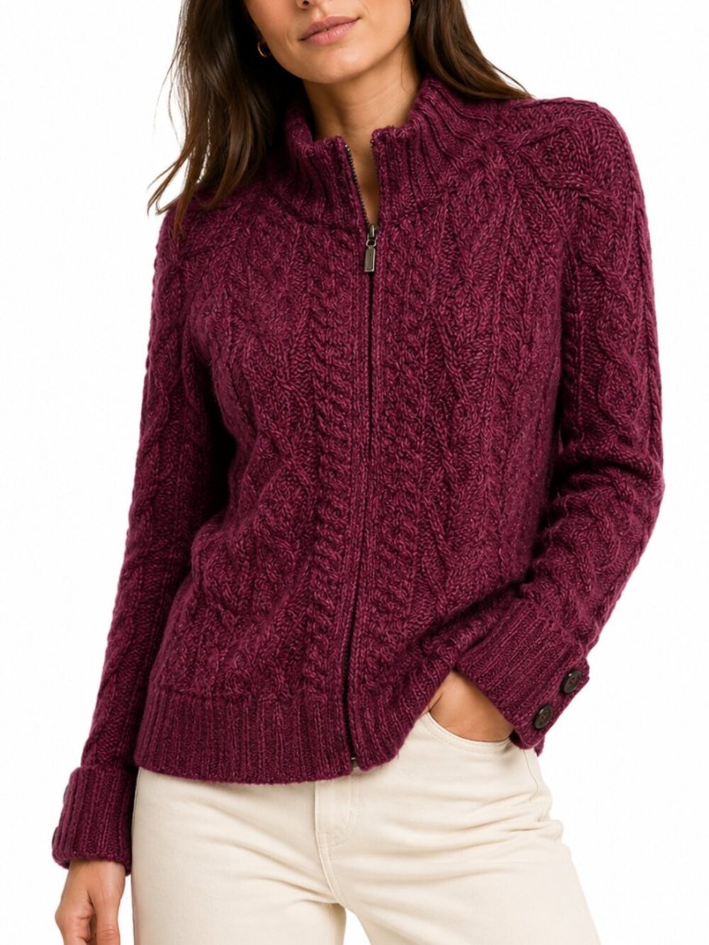 Inis Crafts Merino Wool Aran Cable Knit Zip Cardigan Sweater